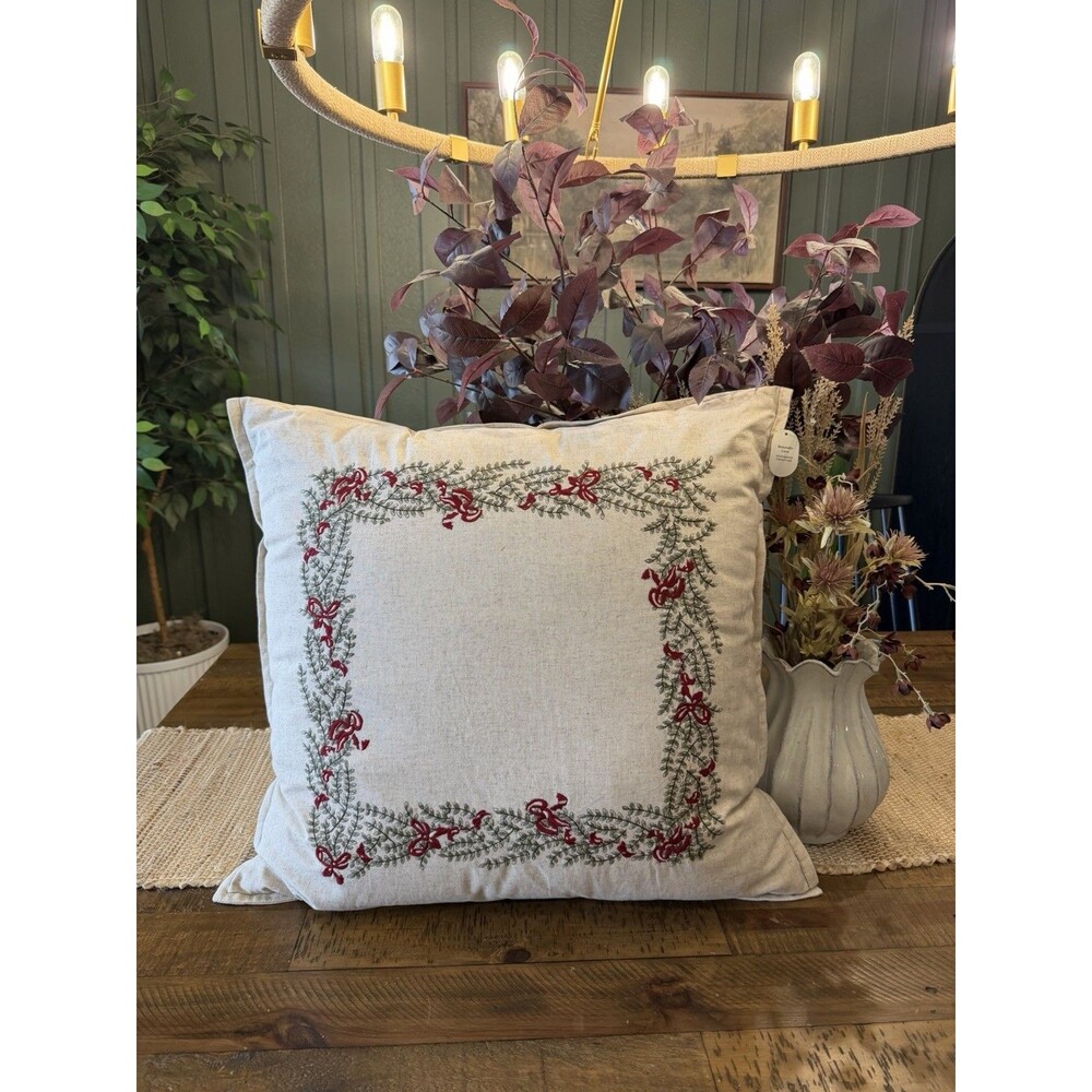 Natural Embroidered Green and Bows Pillow- 24 x 24" -Threshold Studio McGee NEW